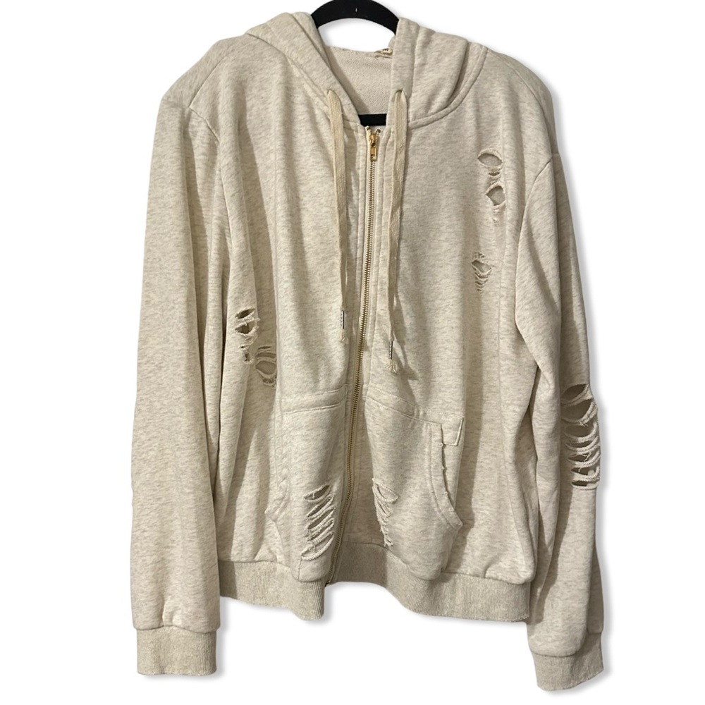 POL Clothing Distressed Zip Up Hoodie Sweatshirt Tan Gray Size Medium Womens
